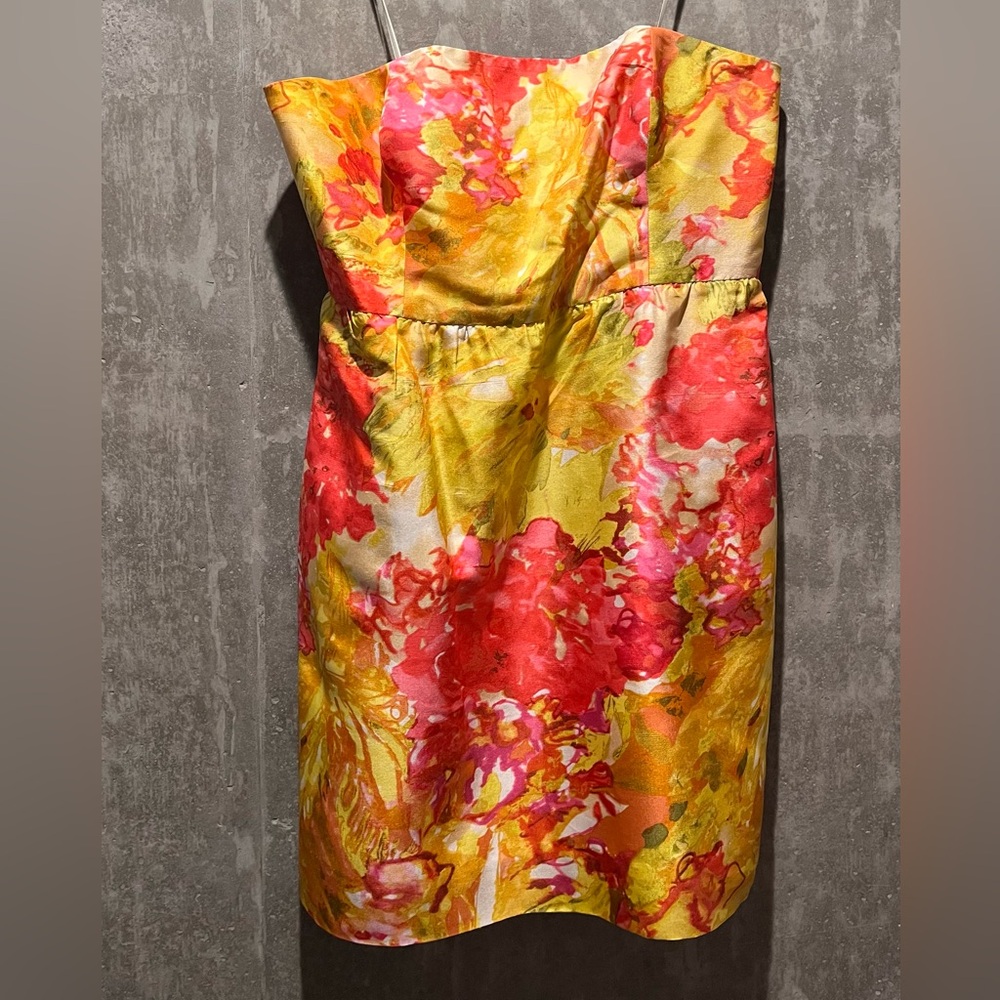 EUC J. Crew Silk Strapless Dress in Yellow/Pink/Orange Abstract Floral - Size 12